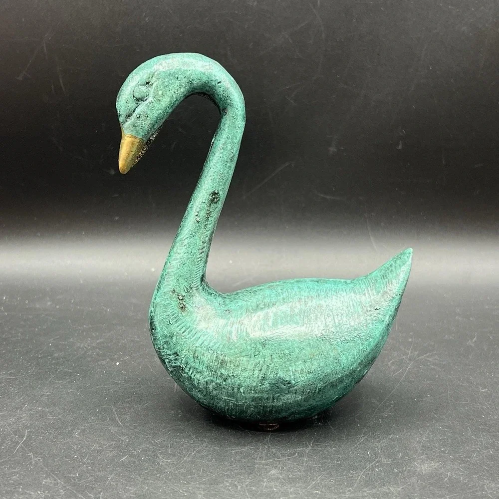 Vintage Verdigris Brass Swan Bird Blue Green Gold Decor Heavy 5
